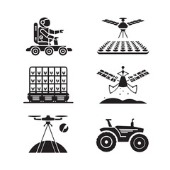 Vector art of collection of futuristic farming and space exploration icons, including astronaut, rover, drone, and smart agriculture technology