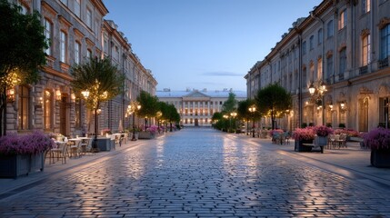 Naklejka premium Historic Architecture at Night with Cinematic Lighting and Empty Cobblestone Street Lined with Trees and Buildings