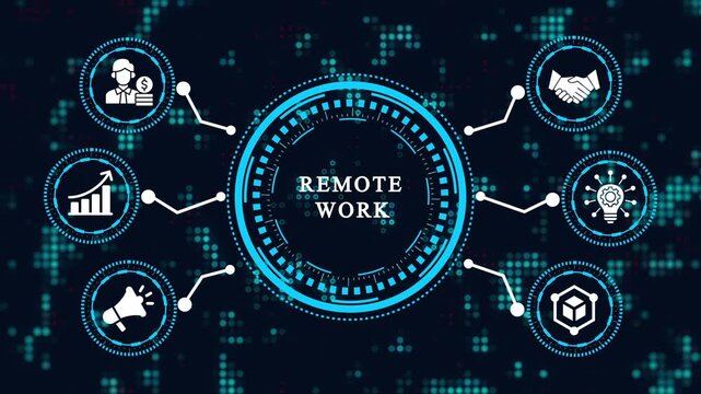 Remote work concept with icons representing various aspects of virtual collaboration, including communication, productivity, and flexibility for distributed teams and modern work environments