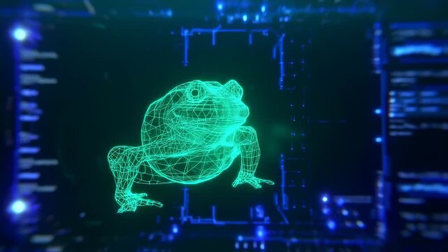 Glowing green wireframe frog against a backdrop of digital circuitry
