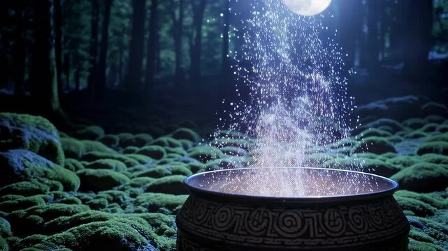 Enchanted forest: mystical light particles rising from ancient cauldron