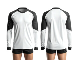 Full view of a blank white and black long-sleeve athletic jersey and shorts