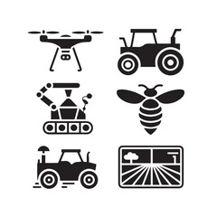 Vector art of collection of six black icons illustrating modern agricultural technology, featuring a drone, tractor, robotic arm, bee, and autonomous vehicle