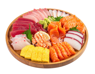 A large wooden platter displays a variety of fresh sashimi