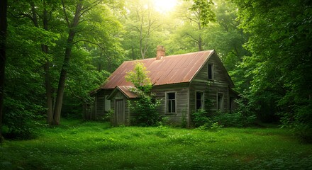 Fototapeta premium Abandoned house in lush forest