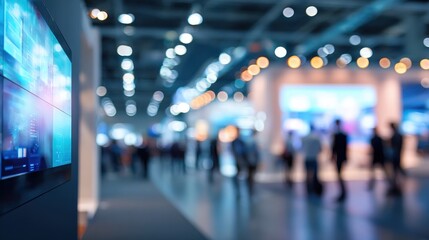 Elegant photo of digital display stands in focus with a blurred exhibition backdrop, showcasing information in a modern trade show environment.