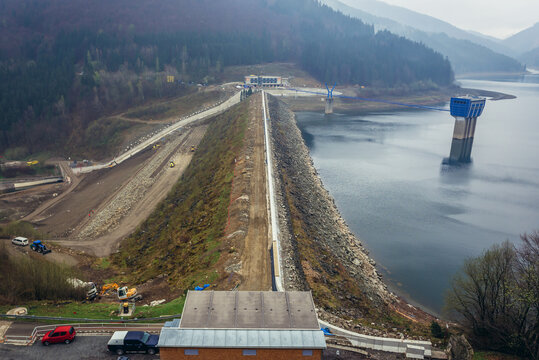 Dam on a Sance water reservoir in Stare Hamry in Silesian Beskid Mountains, Czech Republic
