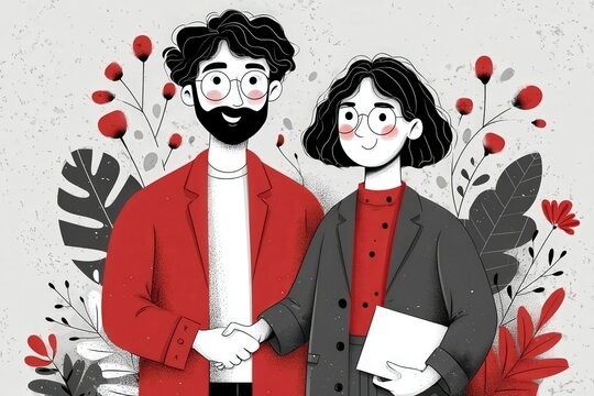 Illustrative portrayal of a bearded man and a woman engaged in friendly handshake while surrounded by artistic foliage and flowers showcasing vibrant color scheme and professional collaboration