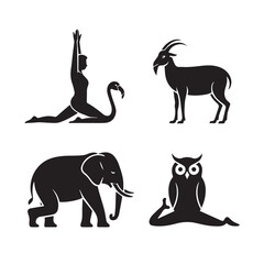 Vector art of group of four black silhouette icons combining animals and yoga poses, isolated on a