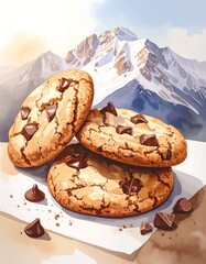Delicious cookies stacked, mountain backdrop