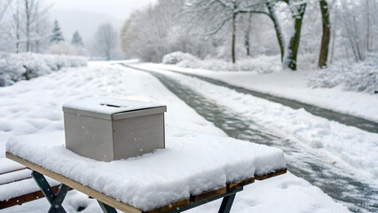 Healthcare Philanthropic Funding A snowy box sits on a picnic table in a serene winter landscape beside a winding road.