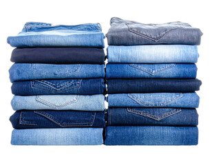 Two stacks of folded denim jeans in various shades of blue