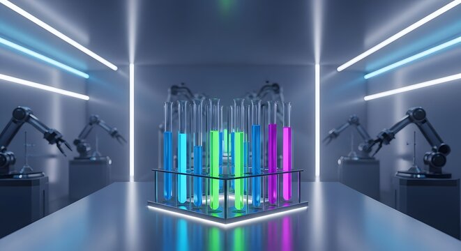 Automated laboratory with robotic arms and test tubes filled with colorful liquids