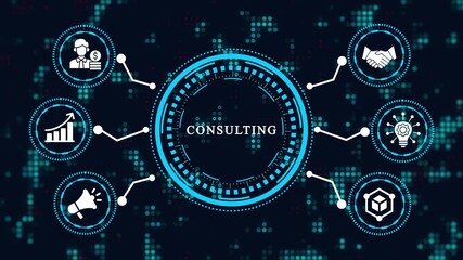 Animated consulting concept on a digital screen with icons representing business strategy, problem-solving, and expert advice for organizational improvement and growth