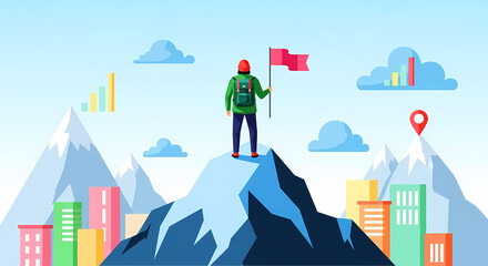 Illustrator's rendition of a triumphant hiker holding a flag atop a snow-capped mountain peak, symbolizing achievement and success