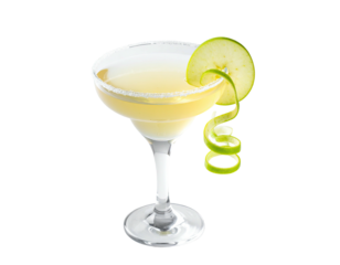 Light yellow cocktail in a stemmed glass, garnished with a curled apple slice and a whole apple slice