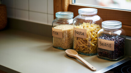 Glass jars filled with dry pasta grains and coffee beans neatly organized on a kitchen counter next to a wooden spoon
