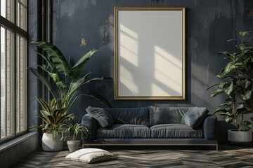Frame mockup in modern dark home interior background, 3d render