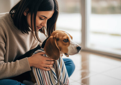 Young woman gently drying a beagle dog indoors with a towel on a tiled floor during a relaxing afternoon at home - Powered by Adobe
