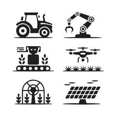 Vector art of set of smart farming icons depicting automated machinery, drones, and solar power for efficient agricultural practices