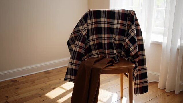 Cozy plaid blanket sunlit pattern on wooden chair by bright window