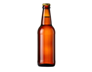 A full amber beer bottle, capped and upright, is centered against a black background