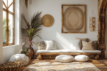 Frame mockup in nomadic boho kitchen interior with rustic decor, 3d render