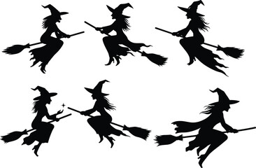 Flying witch silhouette, broomstick pose, magical figure, Halloween icon, black design, fantasy character, spell casting, spooky vector, mystical theme, night flight