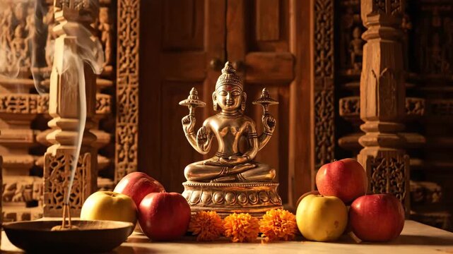 Golden idol of lord dhanvantari divine physician of ayurveda honored during dhanteras and diwali celebrations with sacred offerings