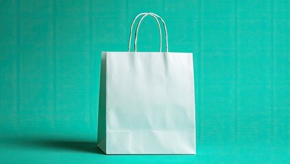 Mint green background with blank white paper shopping bag