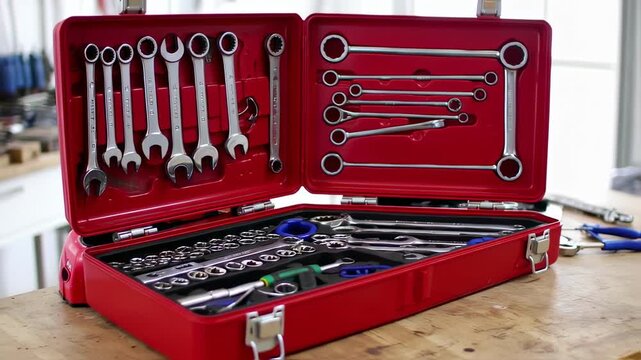 Red toolbox filled with various metal tools