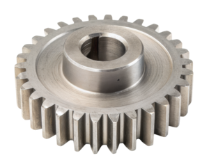 Single round gear with metallic sheen and precise teeth, mechanical component isolated on white background. PNG