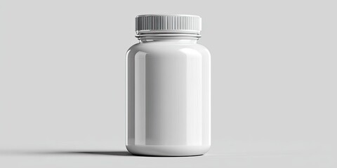 Blank white plastic pill bottle on a gray background