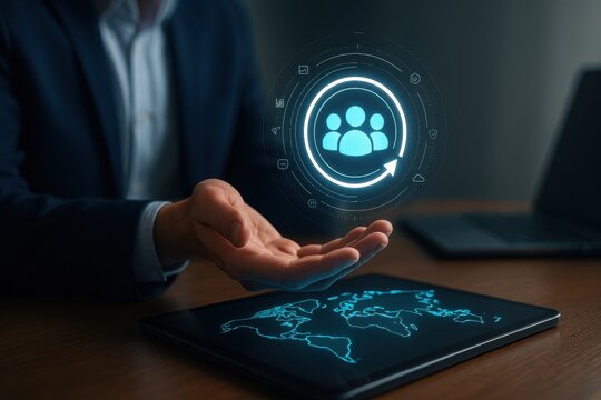 Glowing digital user profile icon above businessman’s hand and tablet with global network map
