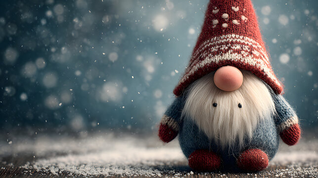 Soft toy Cheerful Swedish Scandinavian folklore Christmas gnome nisse, tomte, with a big red hat, white beard, style of Danish design, with christmas winter snowy background. Copy space