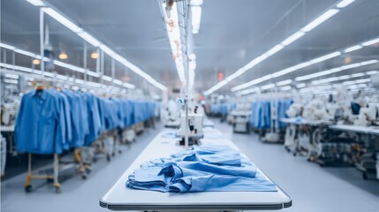 Manufacturing Marvel: a wide-angle shot shows a well-lit, vast garment factory floor abuzz with industry, showcasing the assembly line of apparel manufacturing.