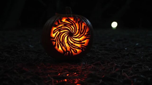 Mesmerizing spiral light show from carved pumpkin brings halloween vibes to life