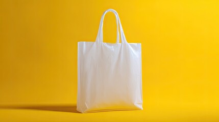 White tote bag against a bright yellow background