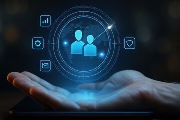 Holographic user profile icons floating above hand with digital interface and business data symbols
