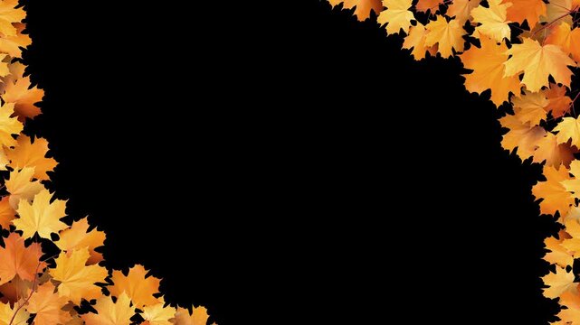 Static oblique frame of vibrant orange and yellow autumn maple leaves creating a border against a black background. Ideal for seasonal titles or graphics