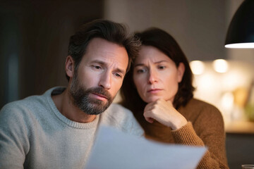 Worried couple reviewing paperwork. This image conveys concern, financial issues, decisionmaking, and problemsolving. Ideal for illustrating articles on stress, finance, and family.