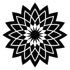 Black geometric mandala with sharp outer points and layered petals abstract white