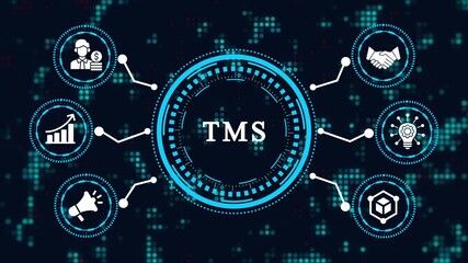 Illustration of atms concept, which stands for asset tracking management system, with icons representing the different aspects of the system on dark blue background - Powered by Adobe