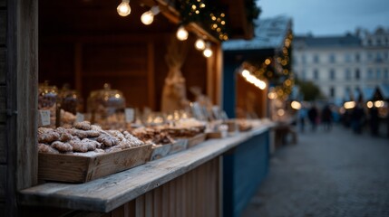 Twinkling fairy lights dazzle over bustling European Christmas market, enticing cinnamon pastries, Yuletide warmth, cultural holiday festivity