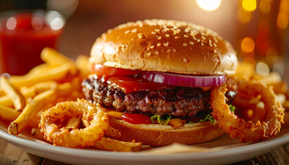 Fast food platter with juicy burger, golden fries, onion rings. Appetizing food. Delicious meal