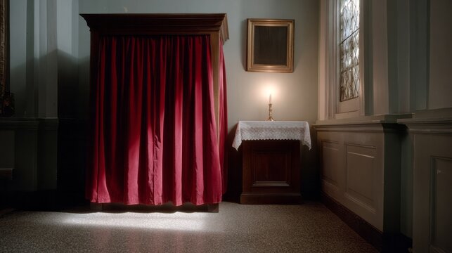 Austere confessional booth whispers secrets under candlelight, embodying Lent reflection and Penitence Silence Day's somber serenity