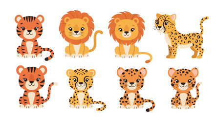 Adorable cartoon depictions of various wild cat species, each posed charmingly.