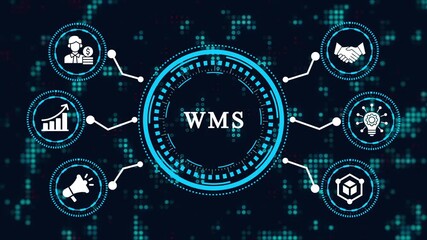 Illustration of wms concept, which stands for warehouse management system, with icons representing the different aspects of the system on dark blue background - Powered by Adobe
