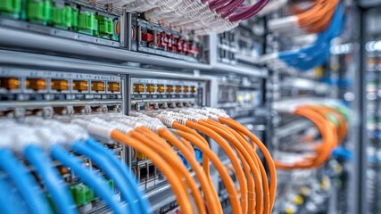 Colorful network cables connect various servers in a data center. This setup highlights advanced technology designed for fast communication and data transfer - Powered by Adobe
