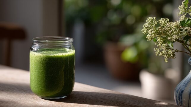 Succulent verdant elixir glows in morning sunlight by wildflower bouquet, evoking World Health Day's rejuvenating spirit
